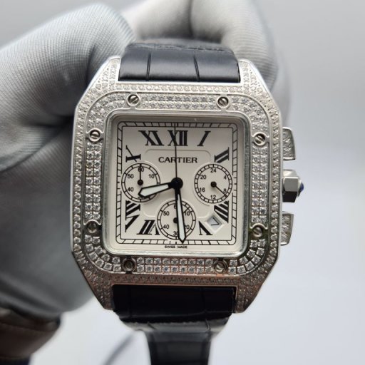 Cartier Santos 100 XL Diamond. Cartier Santos 100 XL. Часы Cartier Santos 100 Diamonds. Часы Cartier Santos 100 с бриллиантами.